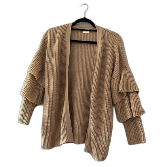 Tan Open Front Knit Cardigan Ruffle Sleeves Size Medium - Picture 1 of 5